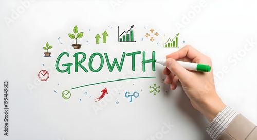 Hand holding a green marker writing the word GROWTH with illustrated charts and plants suggesting business development and financial success