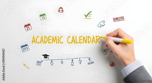 Hand writing the words Academic Calendar with icons of calendars a graduation cap and a timeline with holiday marker isolated on transparent background
