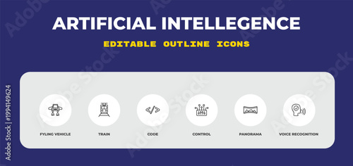 outline artificial intellegence icons set - fyling vehicle, train, code. editable vector for web and mobile ui