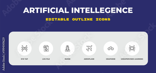 outline artificial intellegence icons set - eye tap, log file, nurse. editable vector for web and mobile ui