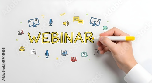 Hand holding a yellow marker writing the word Webinar surrounded by communication and learning icons on a white background