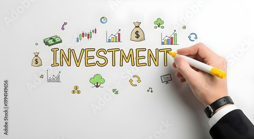 A hand holding a yellow marker writes the word investment surrounded by various financial and business related icons and illustrations