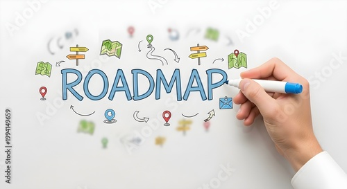 A hand holding a marker draws the word roadmap surrounded by icons representing planning and navigation including maps and directional signs illustrating strategy and progress