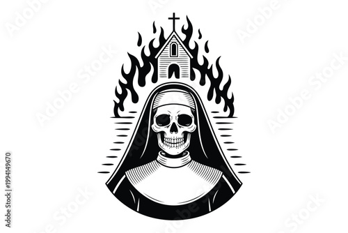Skull nun wearing habit with burning church building in background art.