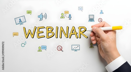 Hand writing the word webinar with yellow marker surrounded by various business and communication icons symbolizing online learning and connection