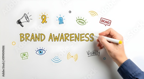 A persons hand holding a marker drawing colorful icons and the words BRAND AWARENESS and Visibility on a white board