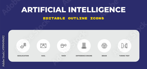 outline artificial intelligence icons set - geolocation, mail, view. editable vector for web and mobile ui
