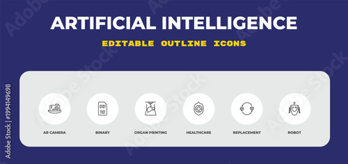 outline artificial intelligence icons set - ar camera, binary, organ printing. editable vector for web and mobile ui