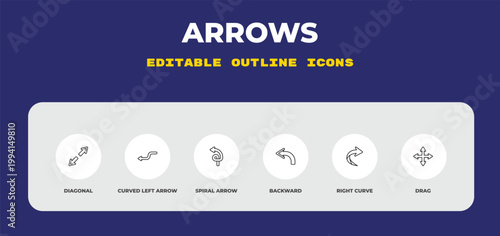 outline arrows icons set - diagonal, curved left arrow, spiral arrow. editable vector for web and mobile ui