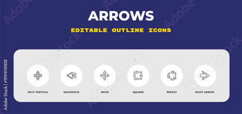 outline arrows icons set - split vertical, backspace, move. editable vector for web and mobile ui