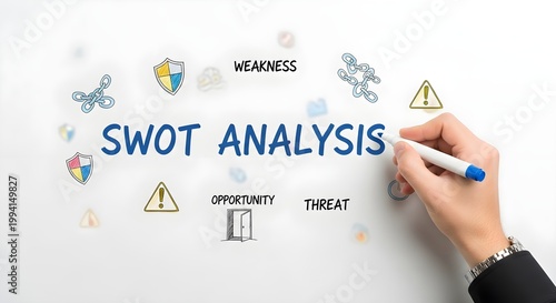 Business strategy SWOT analysis concept with hand writing the words on a whiteboard with conceptual icons representing strengths weaknesses opportunities and threats