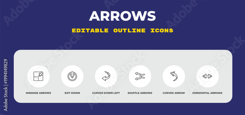 outline arrows icons set - minimize arrows, exit down, curved down left arrow. editable vector for web and mobile ui