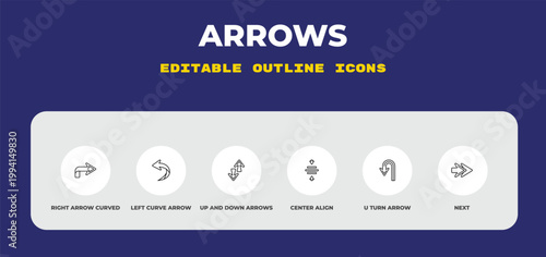 outline arrows icons set - right arrow curved, left curve arrow, up and down arrows. editable vector for web and mobile ui