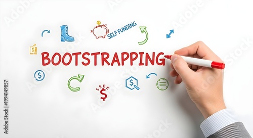 Hand writing the word bootstrapping with illustrations of a boot piggy bank money and arrows suggesting growth and selffunding on a white board