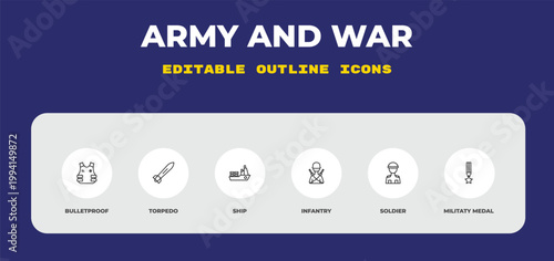 outline army and war icons set - bulletproof, torpedo, ship. editable vector for web and mobile ui