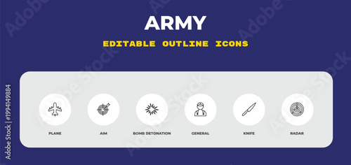 outline army icons set - plane, aim, bomb detonation. editable vector for web and mobile ui