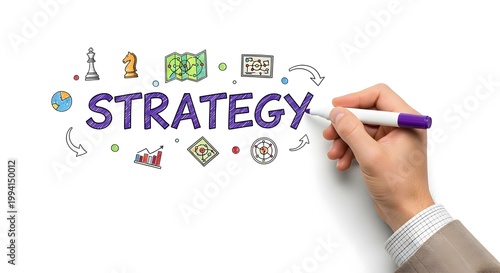 Hand holding a marker writing the word strategy with various business icons and chess pieces around it on a white background