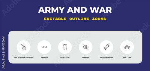 outline army and war icons set - time bomb with clock, barbed, rebellion. editable vector for web and mobile ui