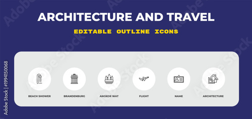 outline architecture and travel icons set - beach shower, brandenburg, angkor wat. editable vector for web and mobile ui
