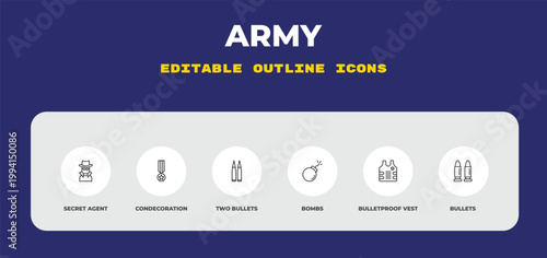 outline army icons set - secret agent, condecoration, two bullets. editable vector for web and mobile ui