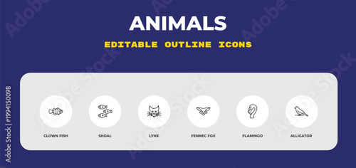 outline animals icons set - clown fish, shoal, lynx. editable vector for web and mobile ui