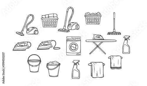 Household cleaning tools icon set with hand drawn outline vacuum mop and laundry equipment isolated on white background
