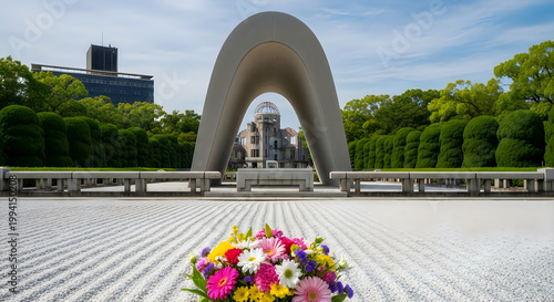 Hiroshima peace memorial park monument with colorful flowers in foreground japan