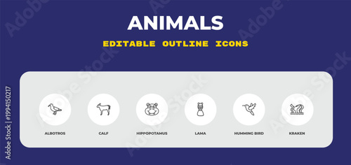 outline animals icons set - albotros, calf, hippopotamus. editable vector for web and mobile ui