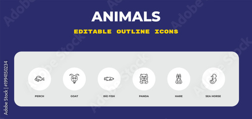 outline animals icons set - perch, goat, big fish. editable vector for web and mobile ui