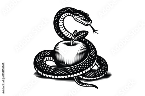 Snake coiled around apple on transparent background.