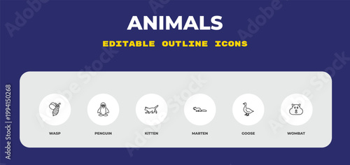 outline animals icons set - wasp, penguin, kitten. editable vector for web and mobile ui