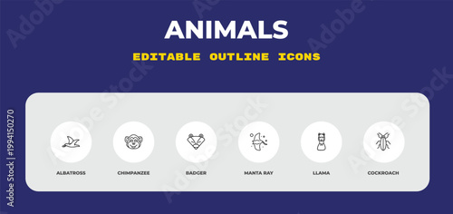 outline animals icons set - albatross, chimpanzee, badger. editable vector for web and mobile ui