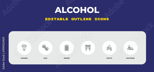 outline alcohol icons set - opener, hop, order. editable vector for web and mobile ui