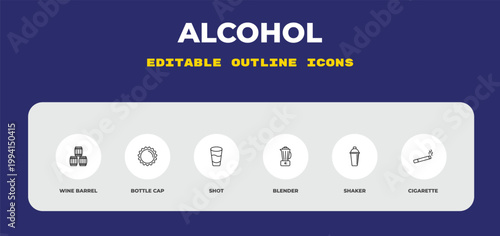 outline alcohol icons set - wine barrel, bottle cap, shot. editable vector for web and mobile ui