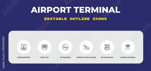 outline airport terminal icons set - lifesaver best, pilot hat, no smoking. editable vector for web and mobile ui