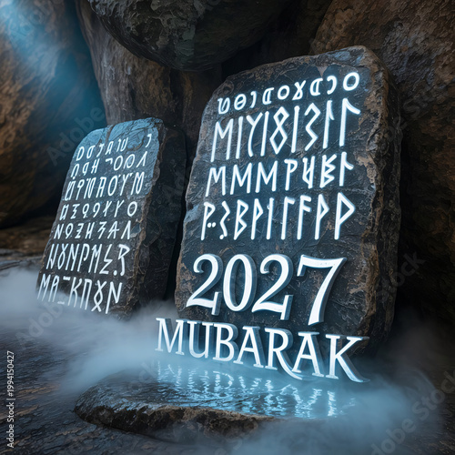 Stone tablets featuring ancient inscriptions alongside the illuminated text of 2027 Mubarak stand amidst a mysterious swirling mist in a dimly lit cavernous setting to celebrate the new year.