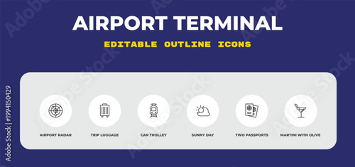 outline airport terminal icons set - airport radar, trip luggage, car trolley. editable vector for web and mobile ui