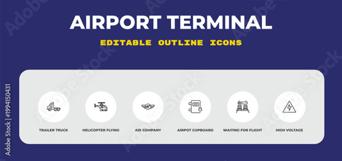 outline airport terminal icons set - trailer truck, helicopter flying, air company. editable vector for web and mobile ui