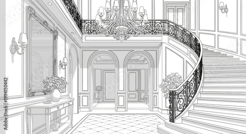 Classic luxury foyer with spiral staircase and chandelier sketch