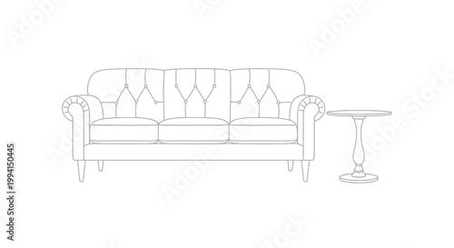 Classic tufted sofa and round side table line art