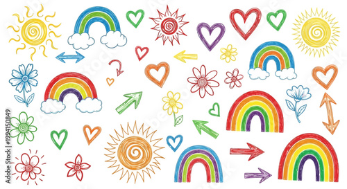 vibrant hand-drawn doodles of rainbows suns hearts flowers and arrows creating a cheerful childlike design