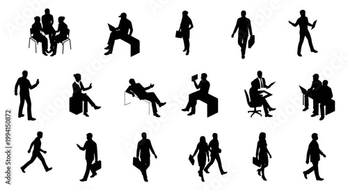 collection of black silhouette people in various business and casual poses