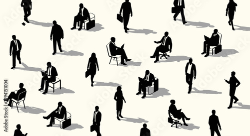 seamless pattern of business people silhouettes working on laptops and walking an isometric vector illustration.