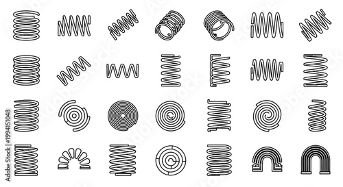 spring coil line art icons set illustrating mechanical engineering and elasticity concepts ideal for industrial design resources