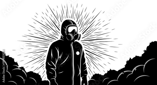 a person in a hazmat suit and gas mask stands stoically in a toxic environment illustrating environmental disaster and crucial protection against pollution.