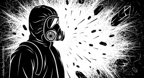 hazmat suit person with gas mask in a hazardous environment amidst an explosion of debris symbolizing industrial safety and risk.