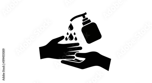Icon of hands being sanitized with liquid soap dispenser.