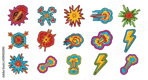 comic explosions pop art energy bursts and lightning bolt impact effects perfect graphic design elements for representing power.