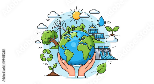 Foto Hands cradle the Earth, symbolizing environmental protection and sustainable energy sources like wind turbines, solar panels, and hydroelectric power