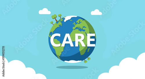 Konstfotografi A vibrant illustration of planet Earth with the word CARE prominently displayed, symbolizing environmental stewardship and global responsibility